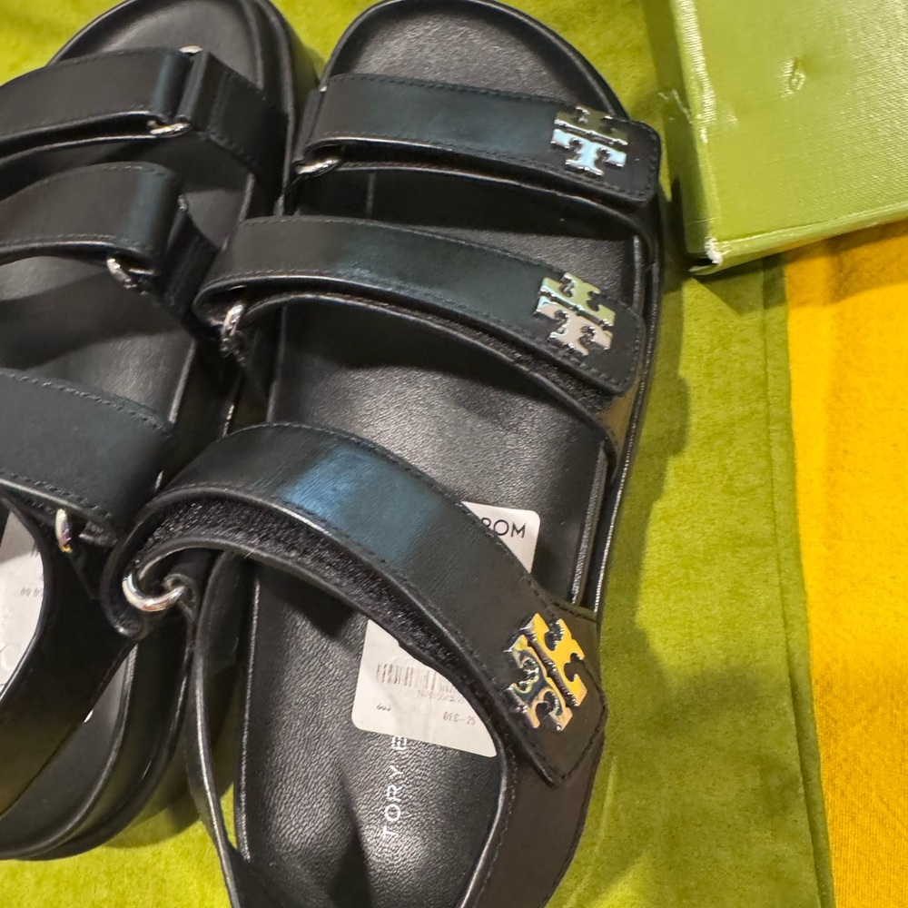 Tory Burch Black Leather Triple-Strap Logo Sandals - Picture 6 of 8